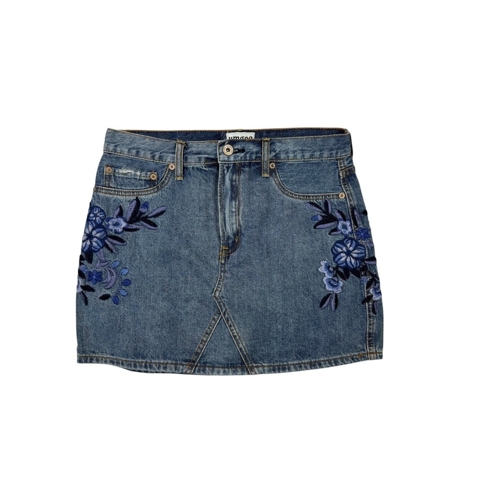 Umgee Blue Floral Embroidered Denim Mini Skirt Women's Medium Cotton Boho
